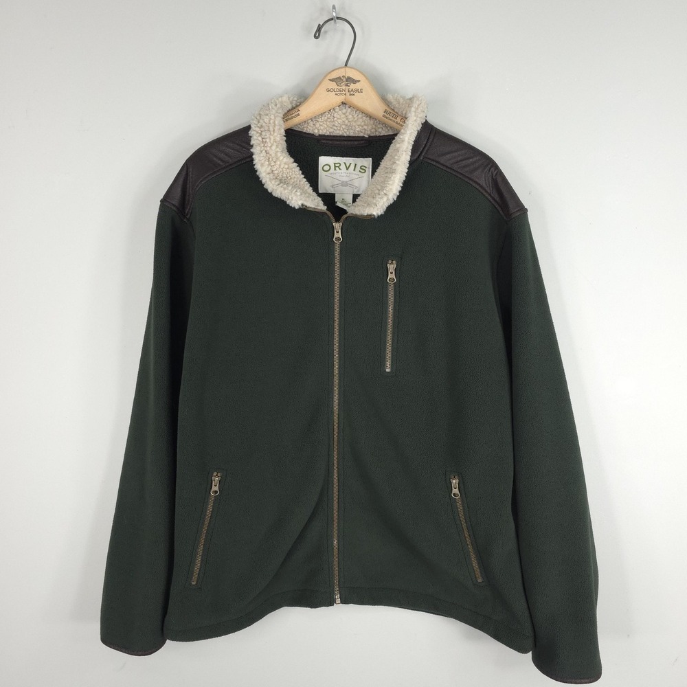 Orvis Jacket Mens XL Green Fleece Sherpa Collar Zip Pockets Outdoor Bomber